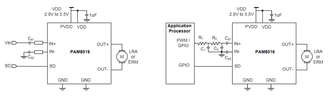 Application Circuit Diagram - Diodes Incorporated PAM8016 Haptic Driver